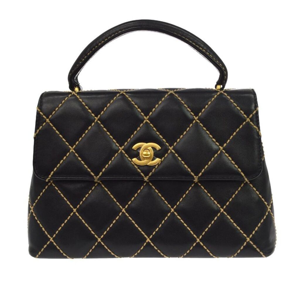 Chanel Surpique Classic Top Handle Flap Quilted Lambskin Black Leather Handbag